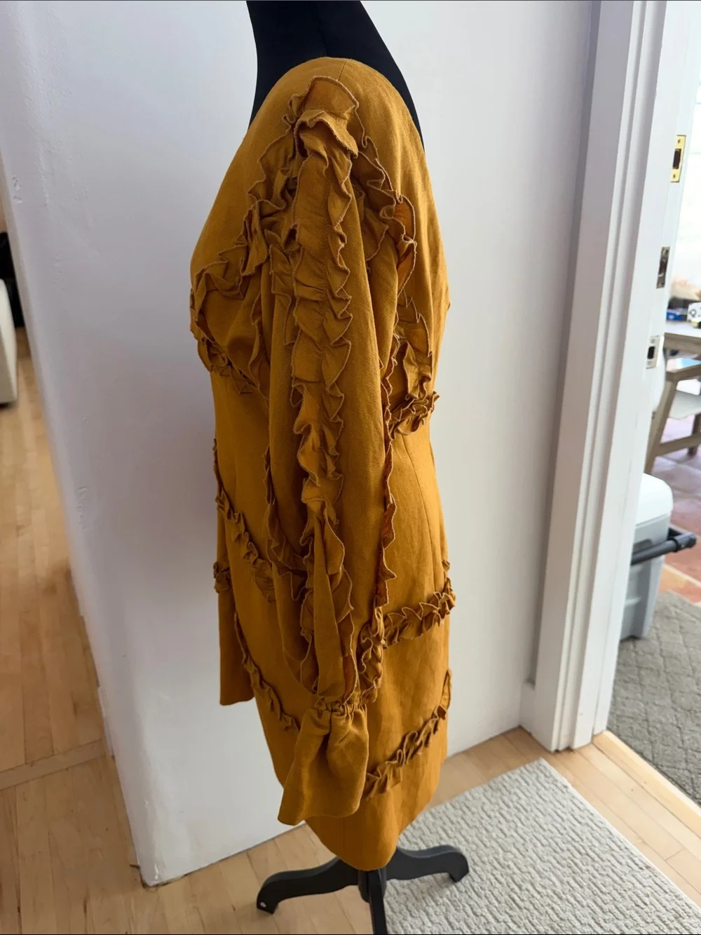 C/MEO Collective Mustard Ruffle V‑Neck Mini Dress